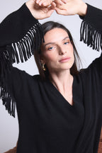Jersey Cuello En V Mangas Flecos Lina - Negro - Mujer