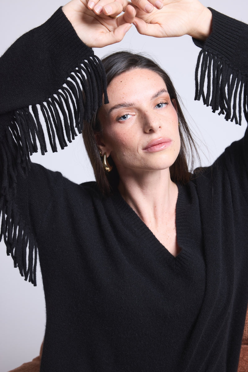 Pull Col V Manches Franges Lina - Noir - Femme