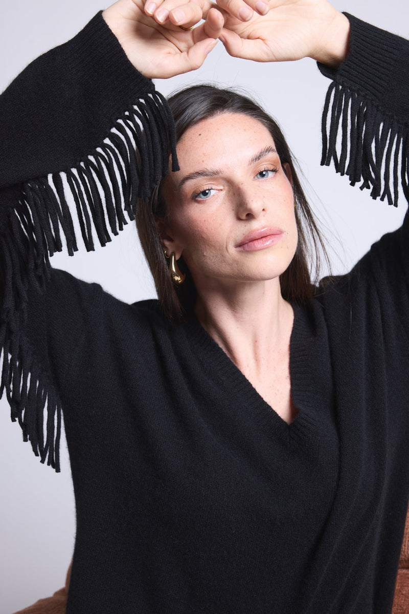 Pull Col V Manches Franges Lina - Noir - Femme