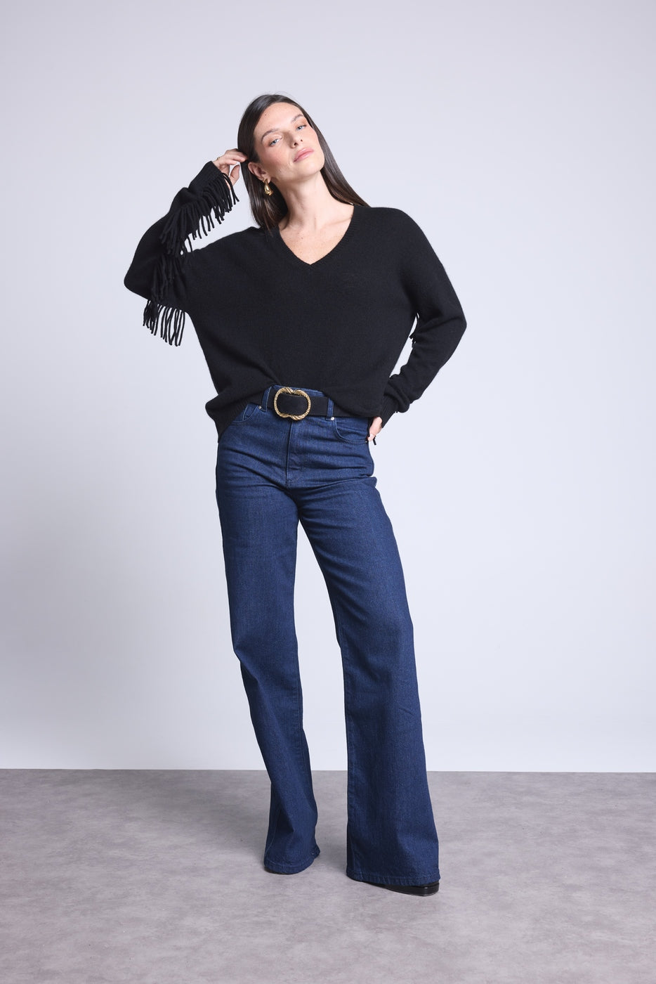 Jersey Cuello En V Mangas Flecos Lina - Negro - Mujer