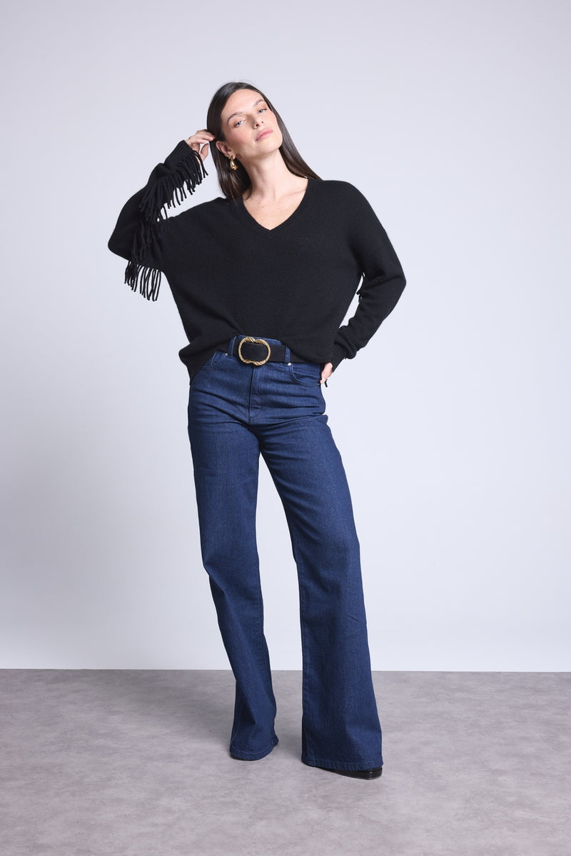 Pull Col V Manches Franges Lina - Noir - Femme
