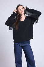 Jersey Cuello En V Mangas Flecos Lina - Negro - Mujer