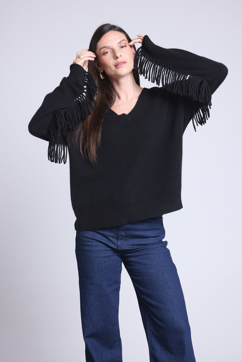 Pull Col V Manches Franges Lina - Noir - Femme