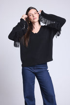 Jersey Lina con cuello de pico y mangas con flecos - Negro - Mujer