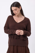 Lina Fringed V-Neck Jumper - Chocolate Brown - Women