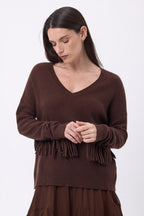 Lina Fringed V-Neck Jumper - Chocolate Brown - Women