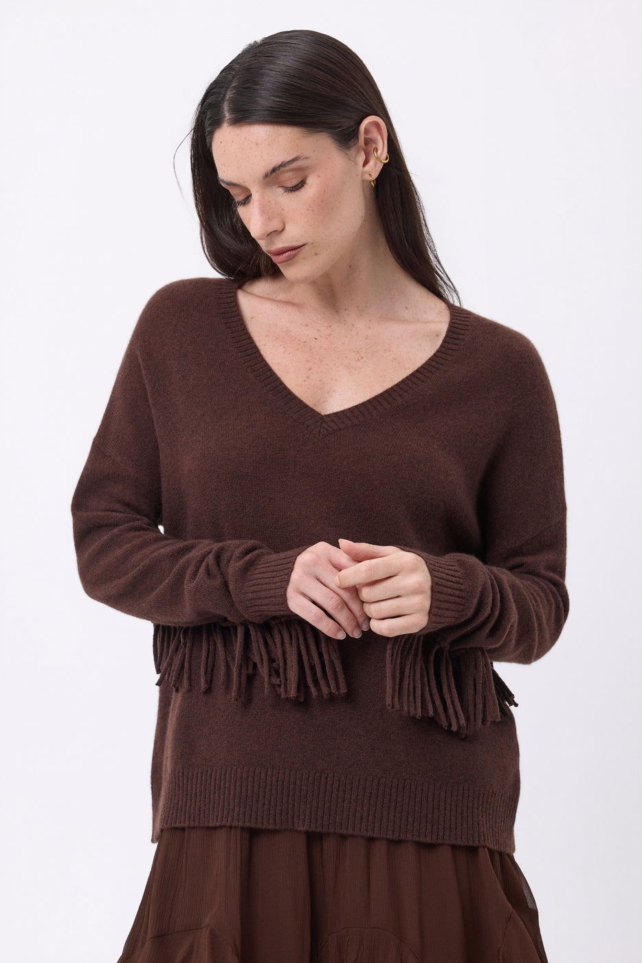 Lina Fringed V-Neck Jumper - Chocolate Brown - Women