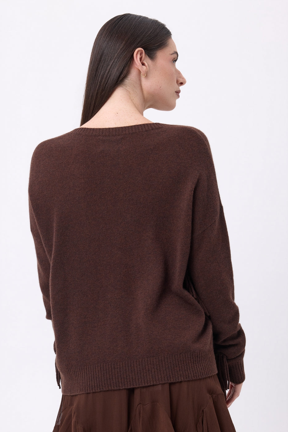 Lina Fringed V-Neck Jumper - Chocolate Brown - Women
