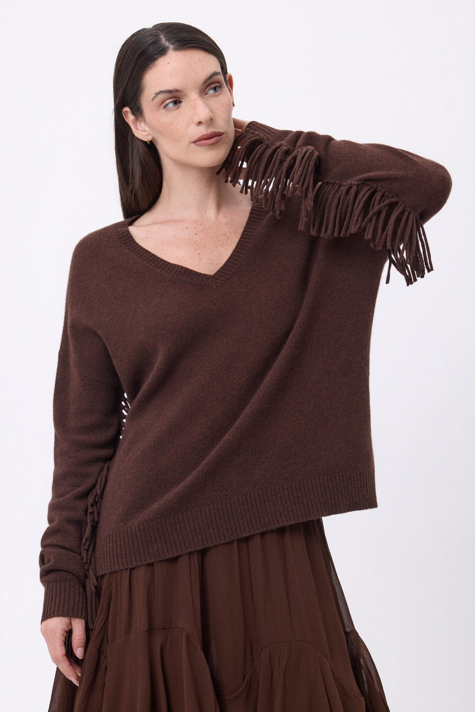 Lina Fringed V-Neck Jumper - Chocolate Brown - Women