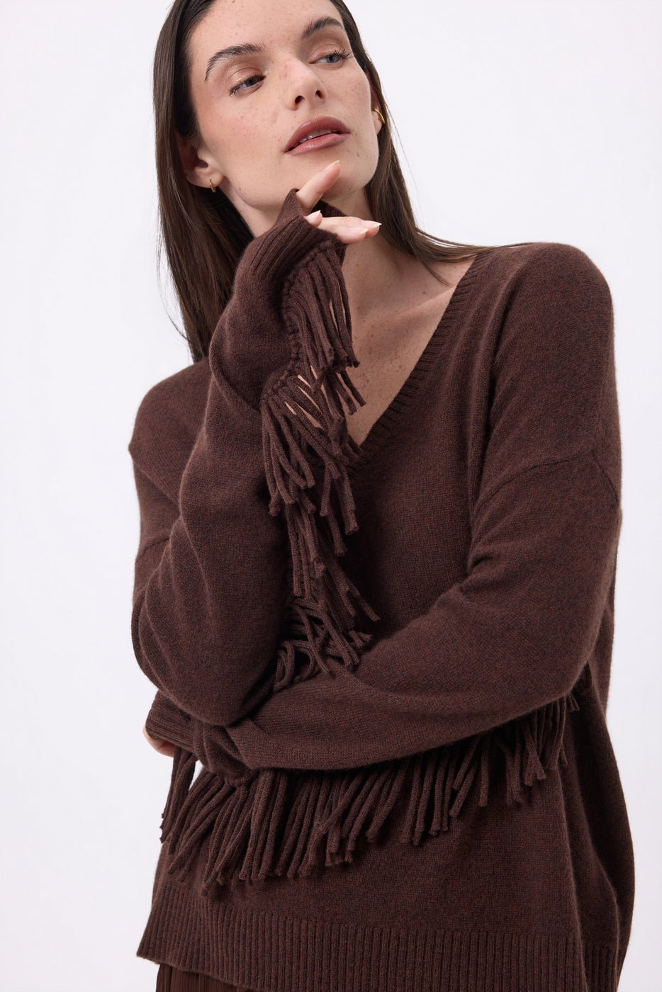 Lina Fringed V-Neck Jumper - Chocolate Brown - Women