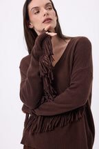 Lina Fringed V-Neck Jumper - Chocolate Brown - Women