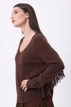 Lina Fringed V-Neck Jumper - Chocolate Brown - Women