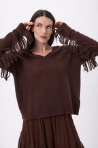 Lina Fringed V-Neck Jumper - Chocolate Brown - Women