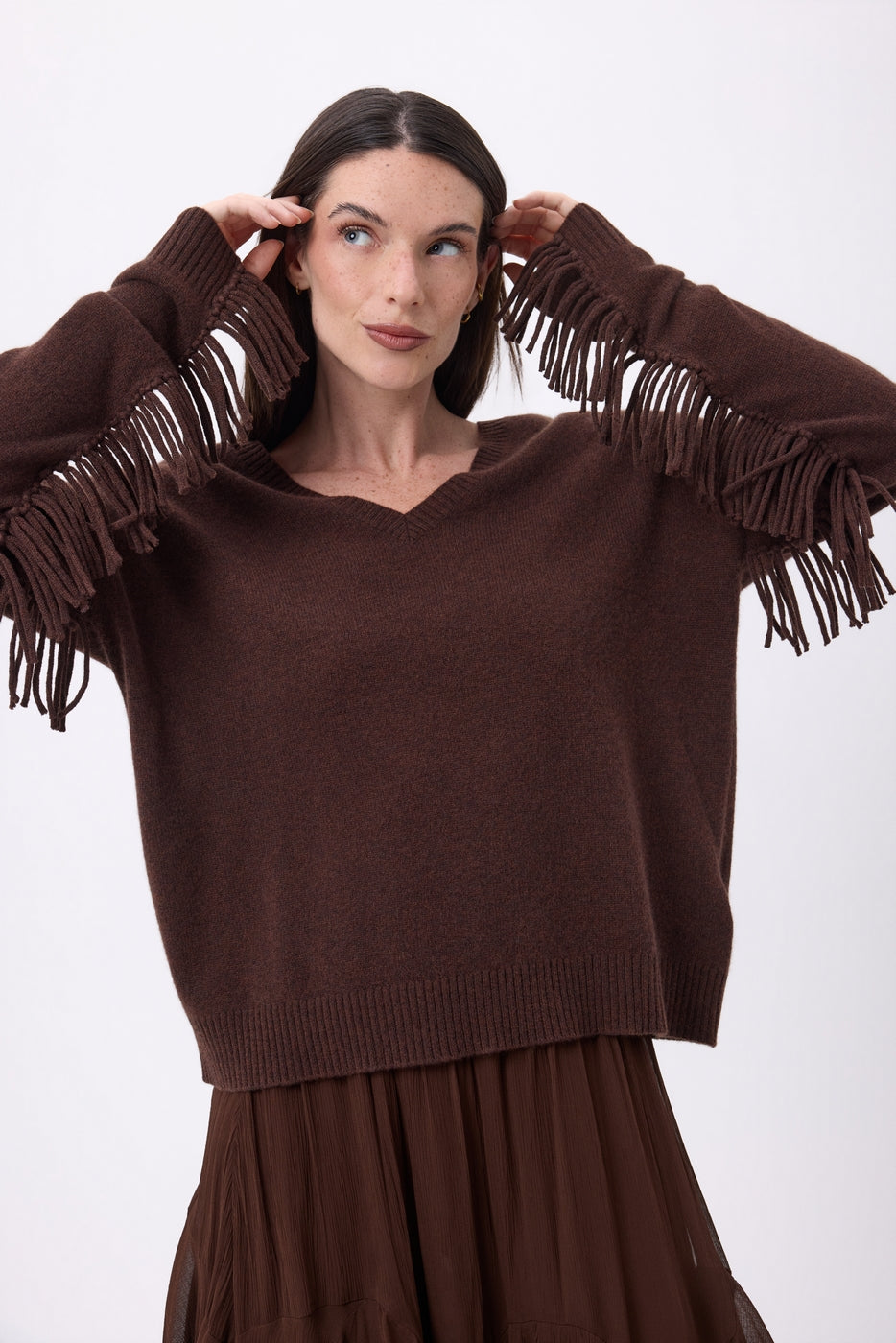 Lina Fringed V-Neck Jumper - Chocolate Brown - Women