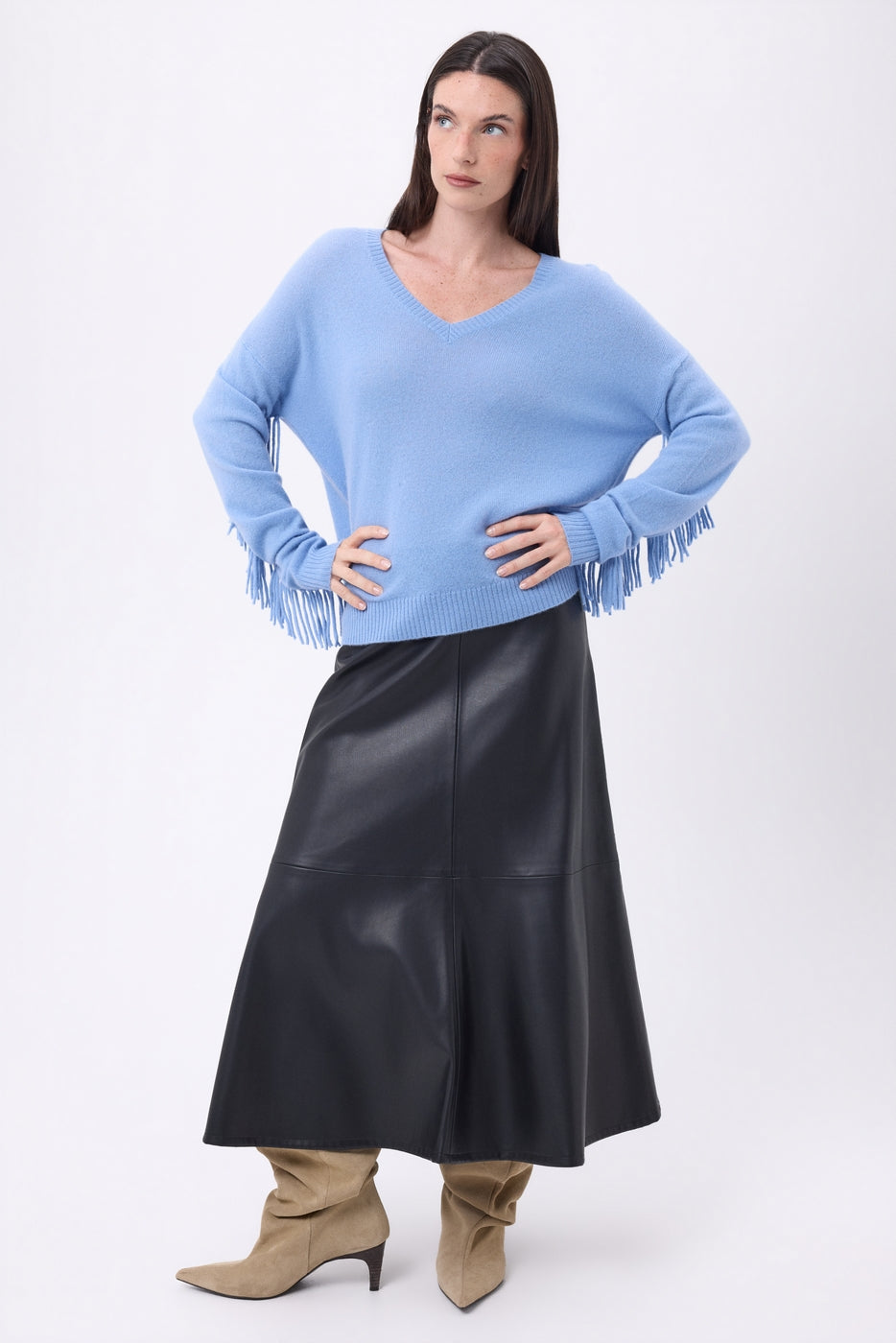 Lina Fringed V-Neck Jumper - Sky Blue - Women