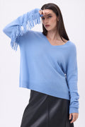 Lina Fringed V-Neck Jumper - Sky Blue - Women