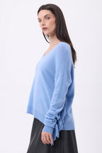 Lina Fringed V-Neck Jumper - Sky Blue - Women