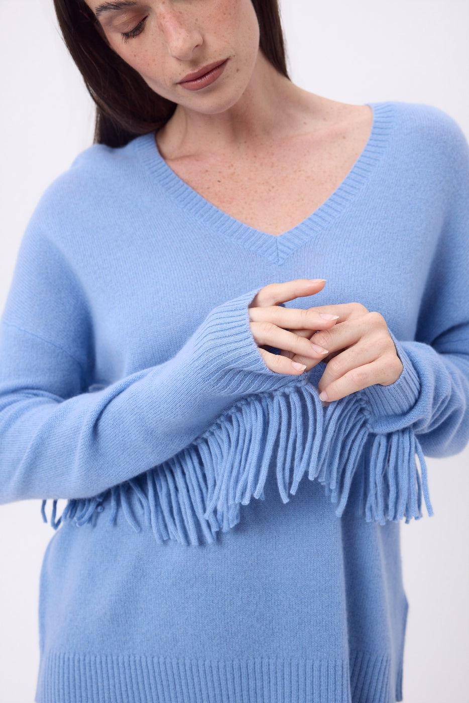 Lina Fringed V-Neck Jumper - Sky Blue - Women