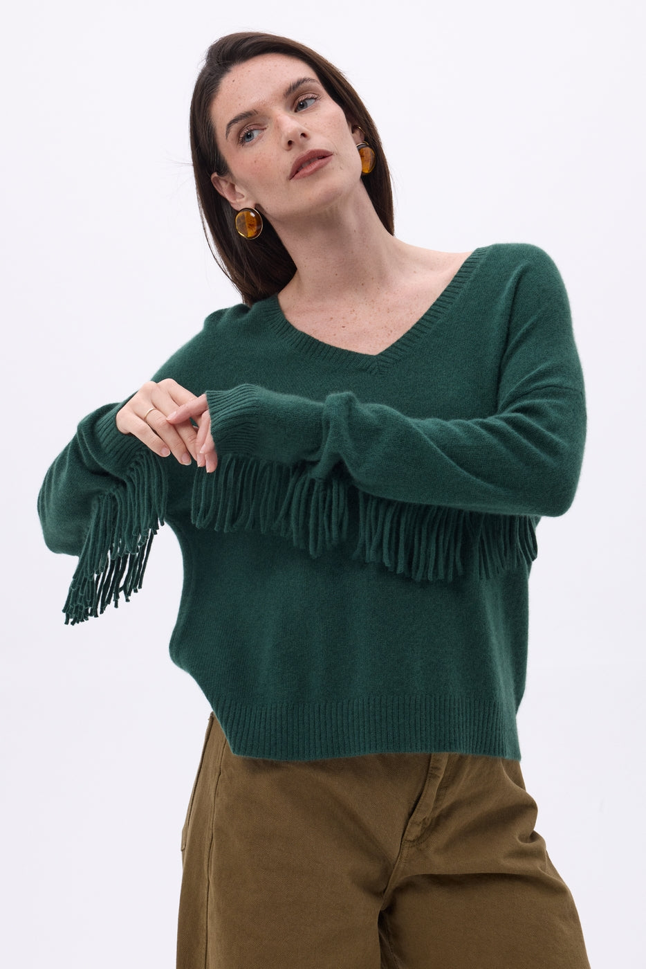 Lina Fringed V-Neck Jumper - Bottle Green - Women
