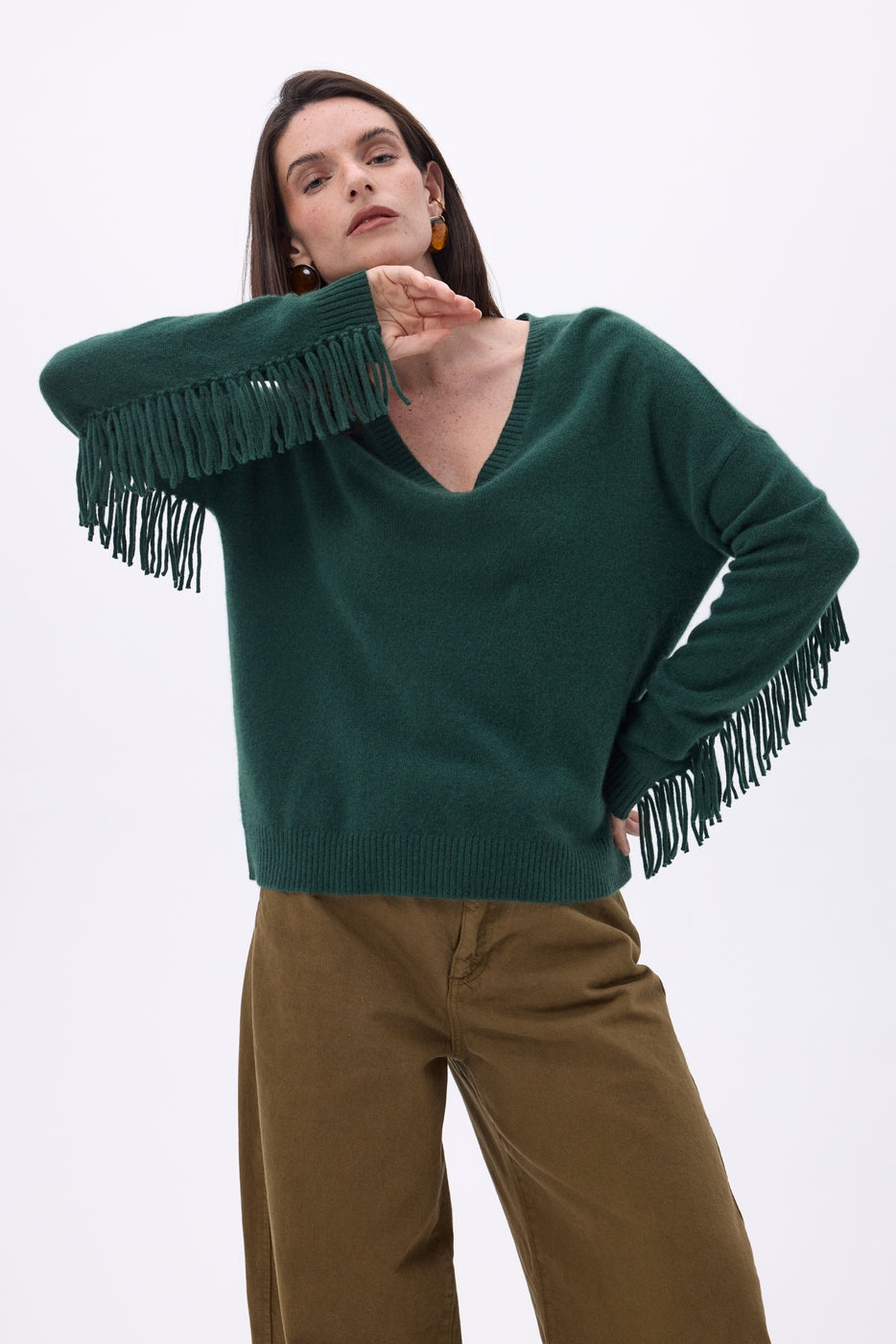 Lina Fringed V-Neck Jumper - Bottle Green - Women