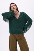 Lina Fringed V-Neck Jumper - Bottle Green - Women