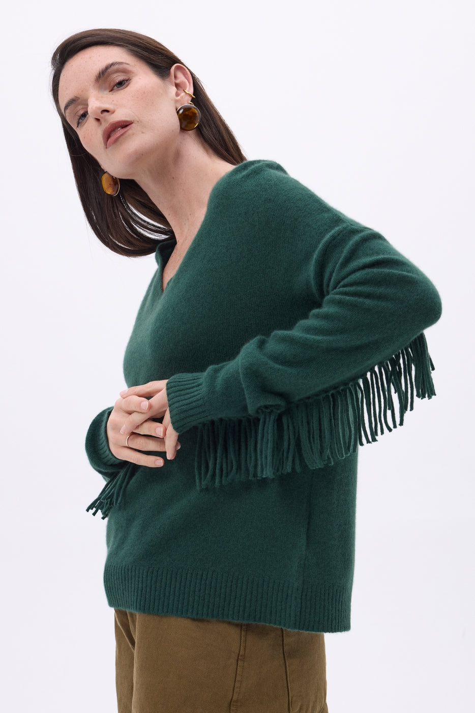 Lina Fringed V-Neck Jumper - Bottle Green - Women