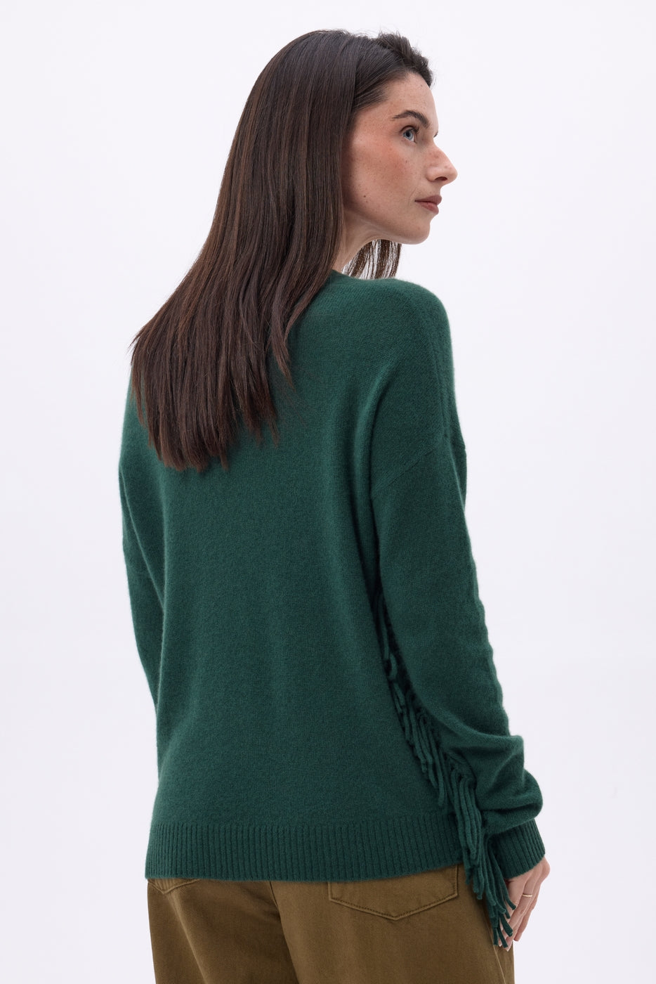 Lina Fringed V-Neck Jumper - Bottle Green - Women