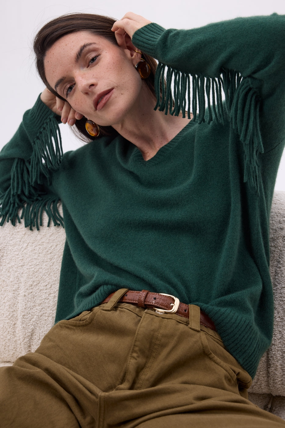 Lina Fringed V-Neck Jumper - Bottle Green - Women