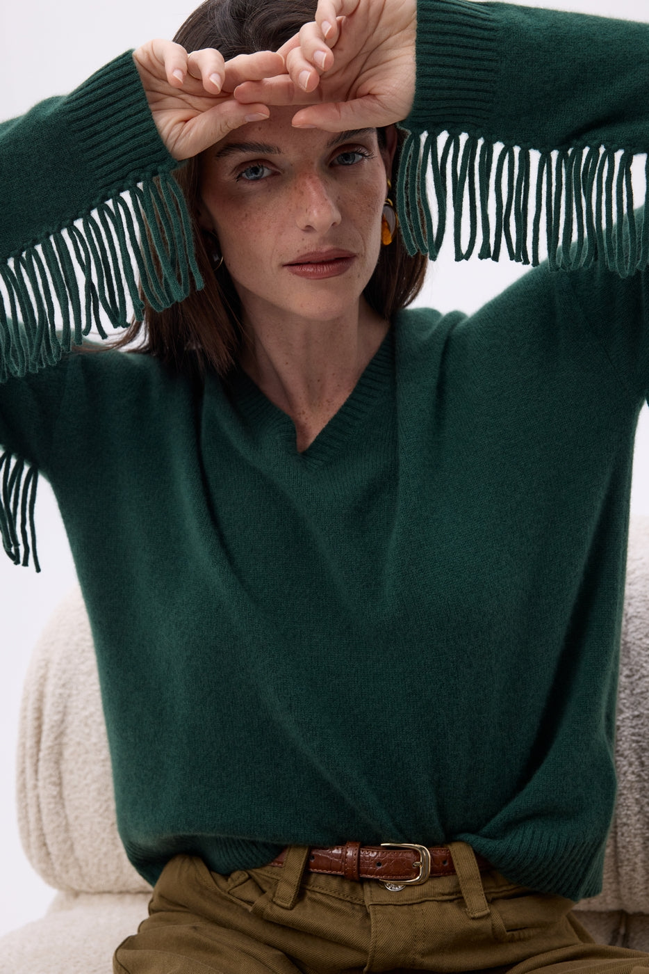 Lina Fringed V-Neck Jumper - Bottle Green - Women