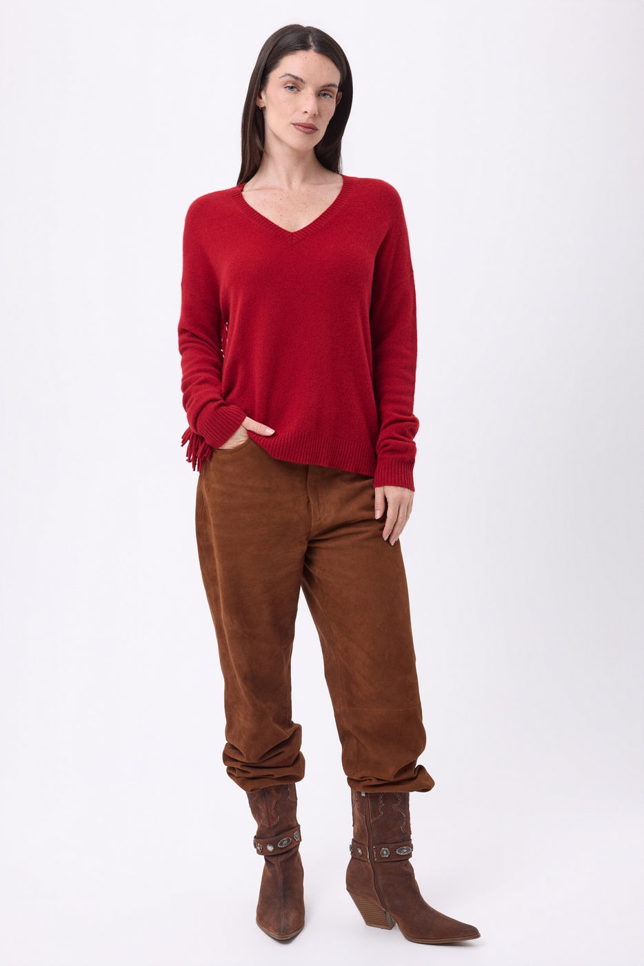 Lina Fringed V-Neck Jumper - Coulis - Women