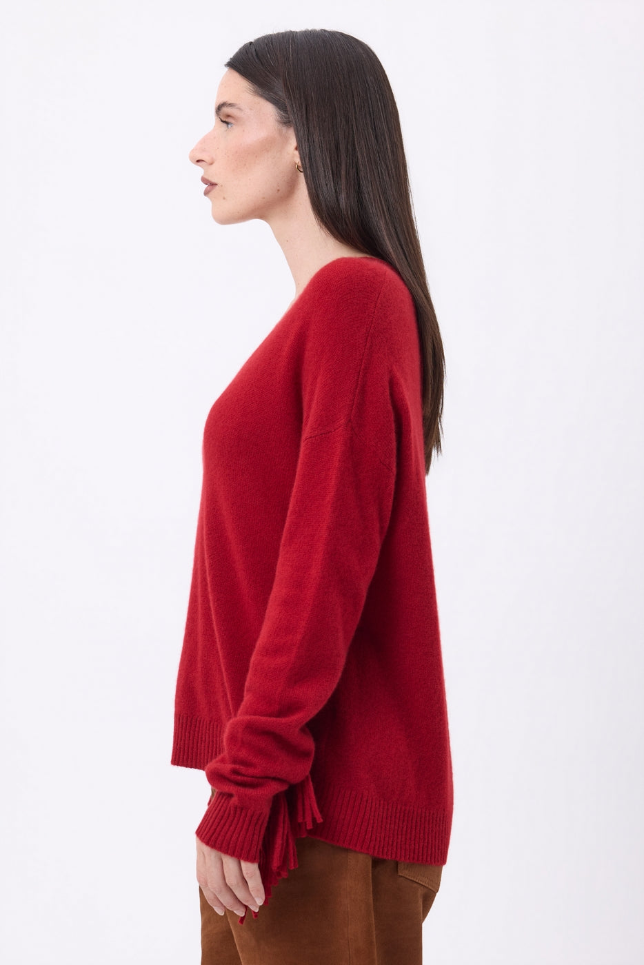 Lina Fringed V-Neck Jumper - Coulis - Women