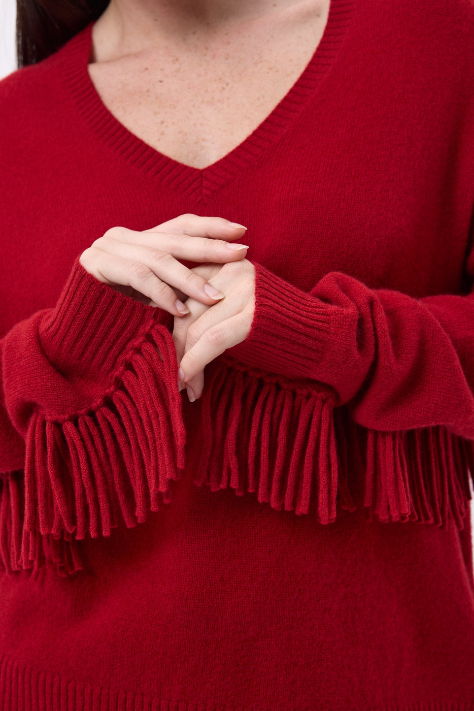 Lina Fringed V-Neck Jumper - Coulis - Women