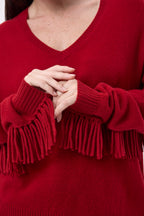 Lina Fringed V-Neck Jumper - Coulis - Women
