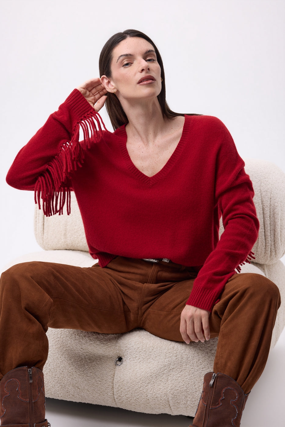 Lina Fringed V-Neck Jumper - Coulis - Women