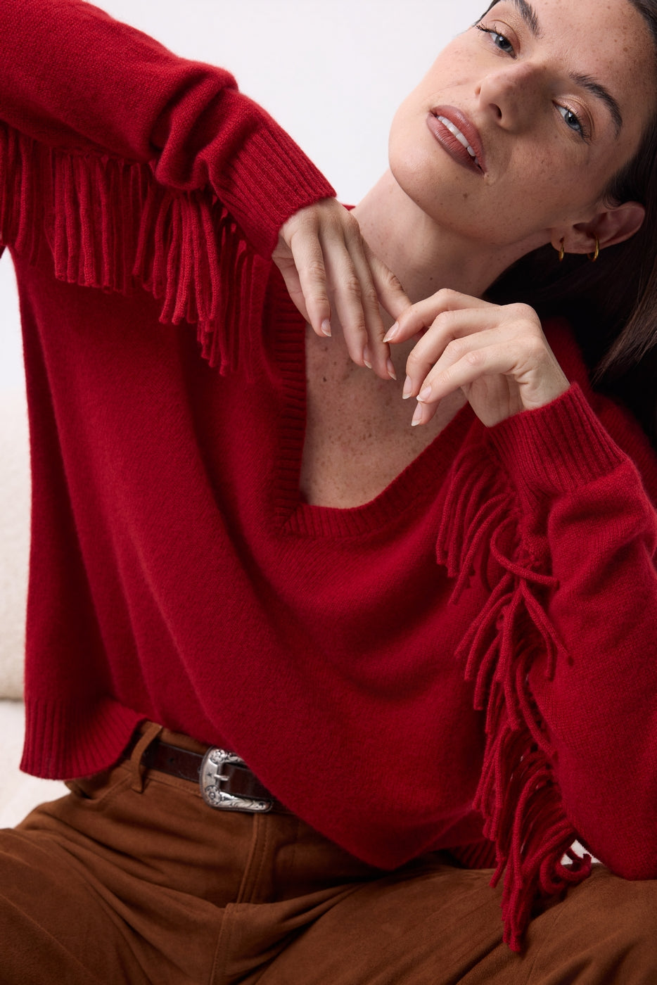 Lina Fringed V-Neck Jumper - Coulis - Women
