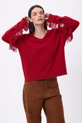 Lina Fringed V-Neck Jumper - Coulis - Women