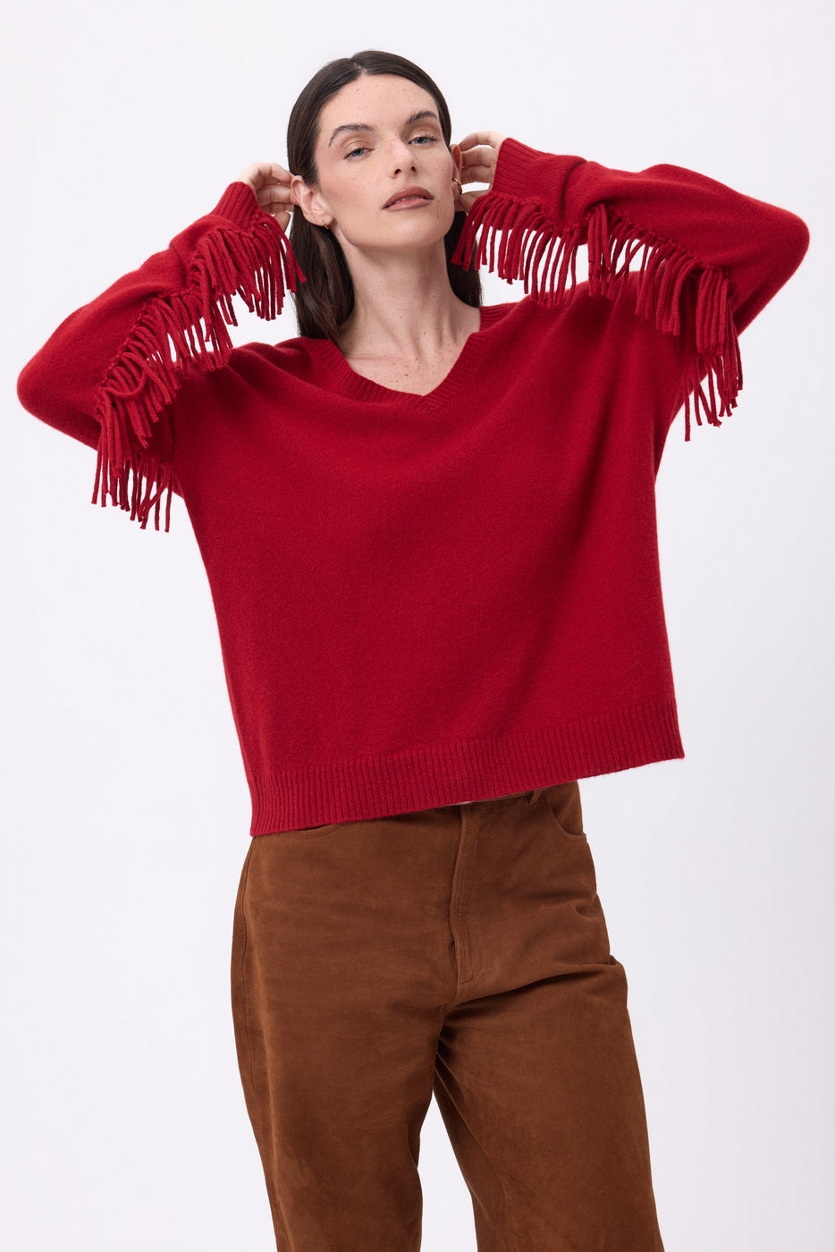 Lina Fringed V-Neck Jumper - Coulis - Women