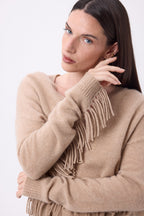 Pull Col V Franges Lina - Beige Creme - Femme