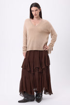 Pull Col V Franges Lina - Beige Creme - Femme