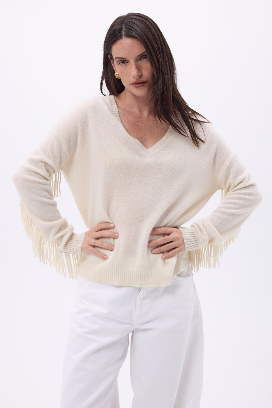 Jersey de cuello en V con flecos Lina - Papel ecológico - Mujer