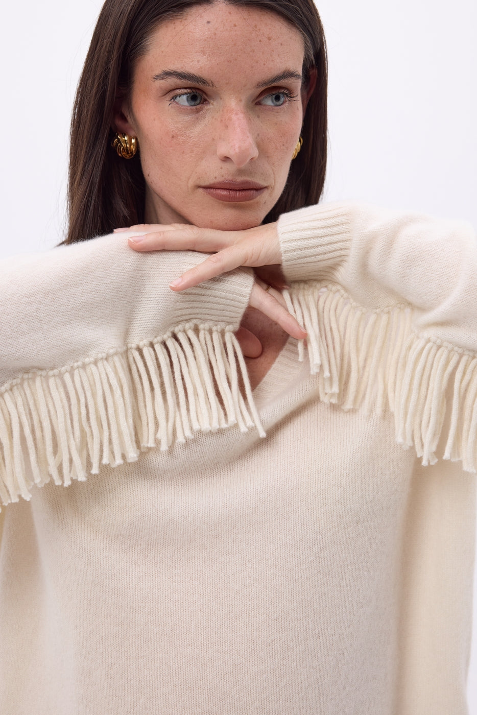 Jersey de cuello en V con flecos Lina - Papel ecológico - Mujer