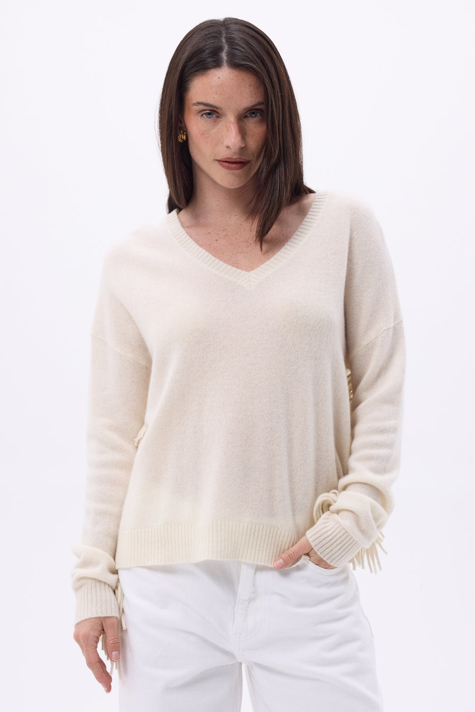 Jersey de cuello en V con flecos Lina - Papel ecológico - Mujer