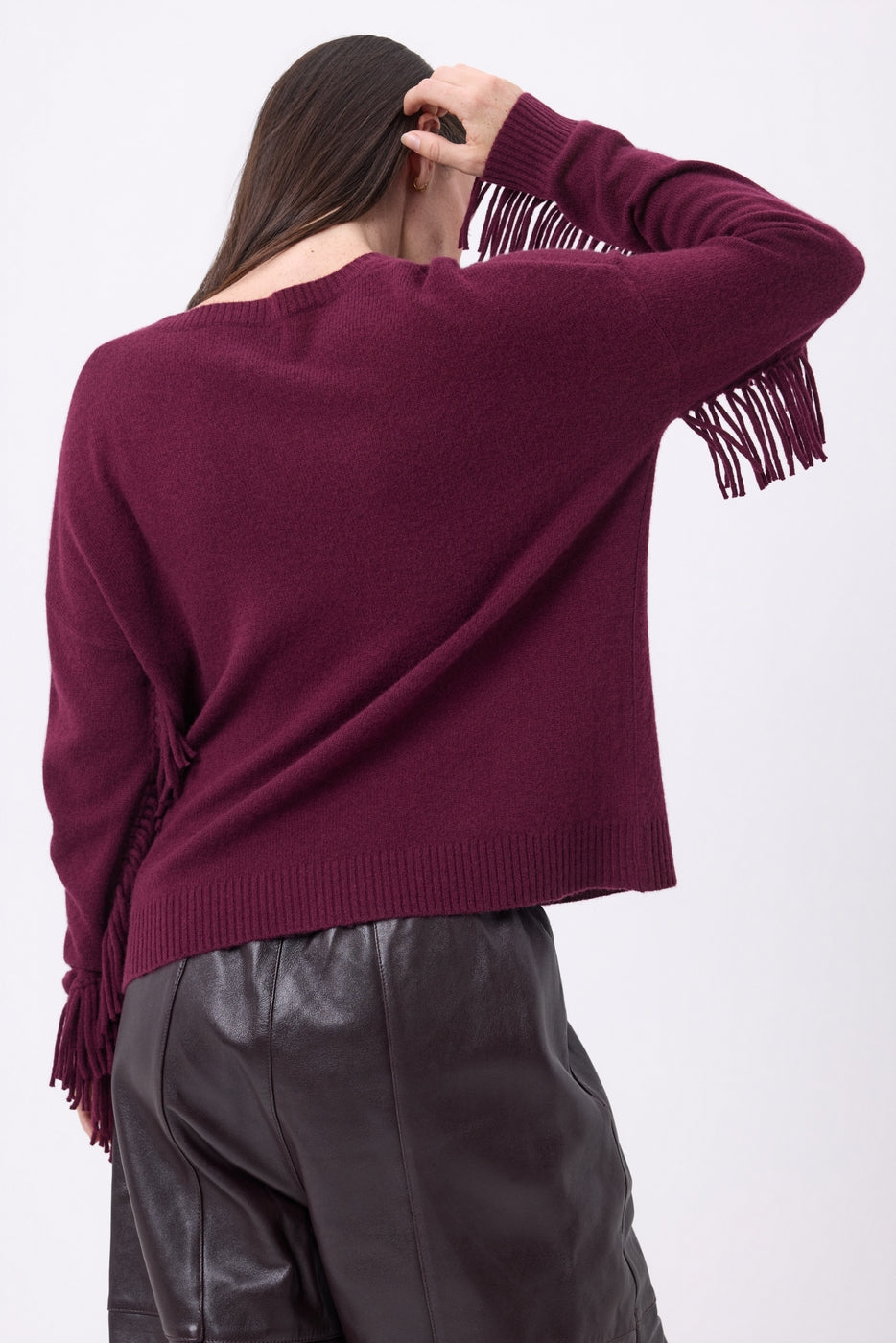 Lina Fringed V-Neck Jumper - Wine - Women