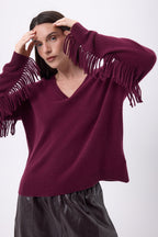 Lina Fringed V-Neck Jumper - Wine - Women
