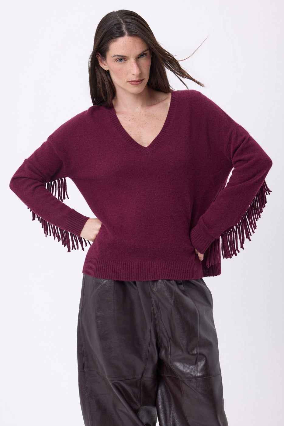 Lina Fringed V-Neck Jumper - Wine - Women