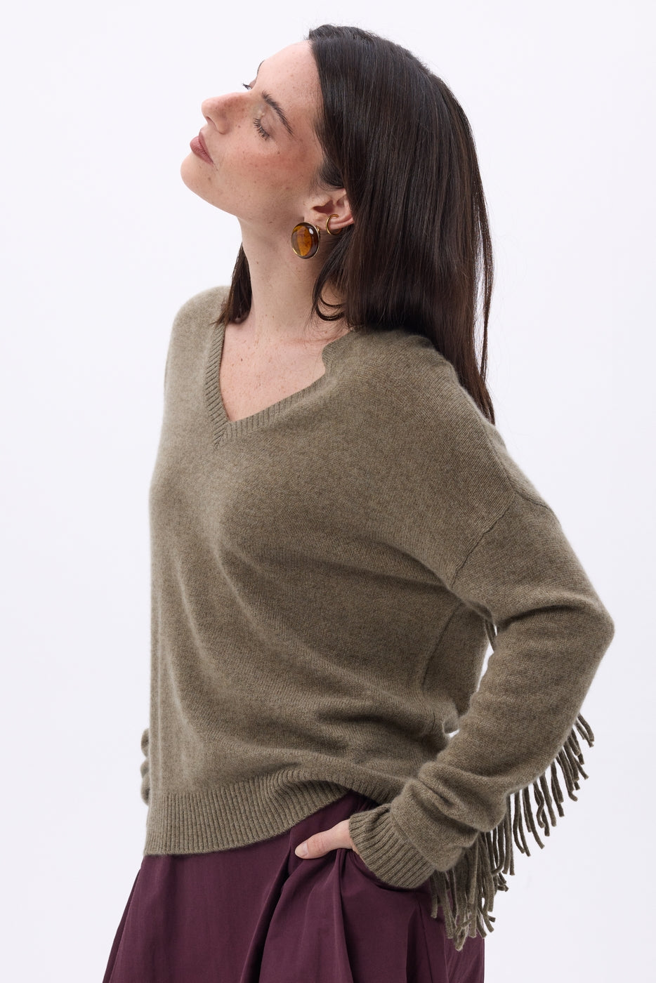 Pull Col V Franges Lina - Khaki Chine - Femme