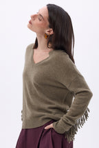 Pull Col V Franges Lina - Khaki Chine - Femme