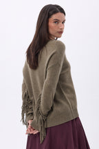 Pull Col V Franges Lina - Khaki Chine - Femme