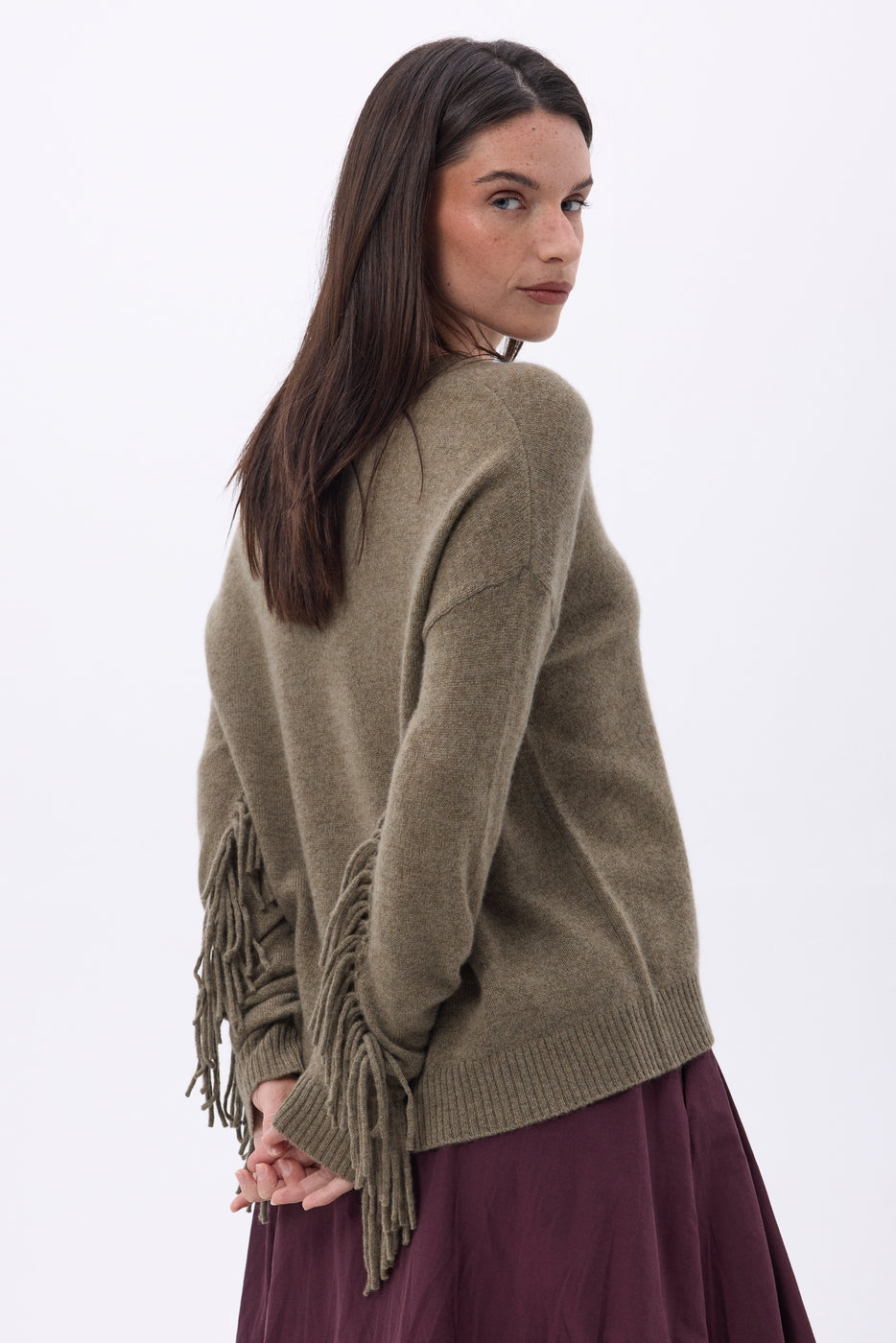 Pull Col V Franges Lina - Khaki Chine - Femme