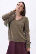 Pull Col V Franges Lina - Khaki Chine - Femme
